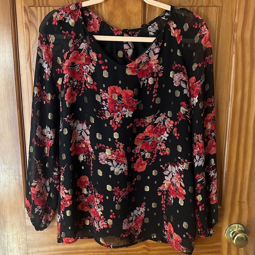 Nine West Black and Red Floral Blouse